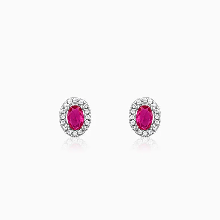 Women’s flower earrings-Silver Pink Oval Halo Studs