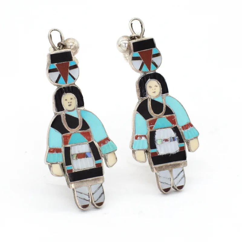 Women’s custom earrings-Madeline Beyuka Zuni Handmade Olla Maiden Sterling Silver Inlay Earrings