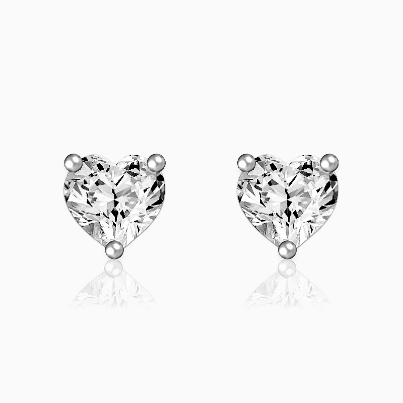 Women’s large stud earrings-Silver Solitaire Heart Studs