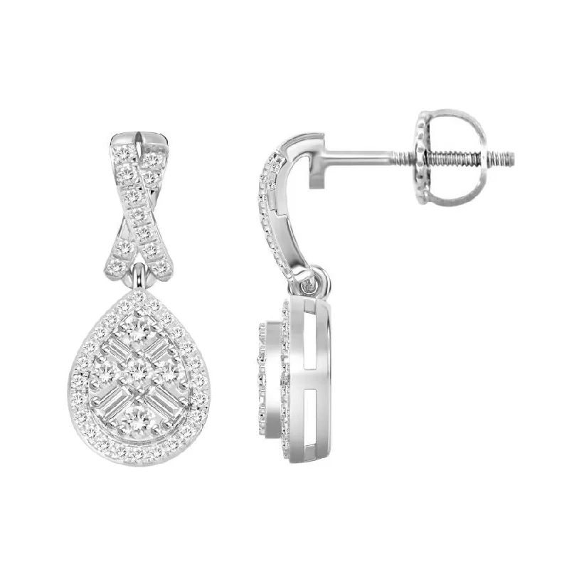 Women’s square stud earrings-LADIES EARRINGS 0.30CT ROUND/BAGUETTE DIAMOND 10K WHITE GOLD