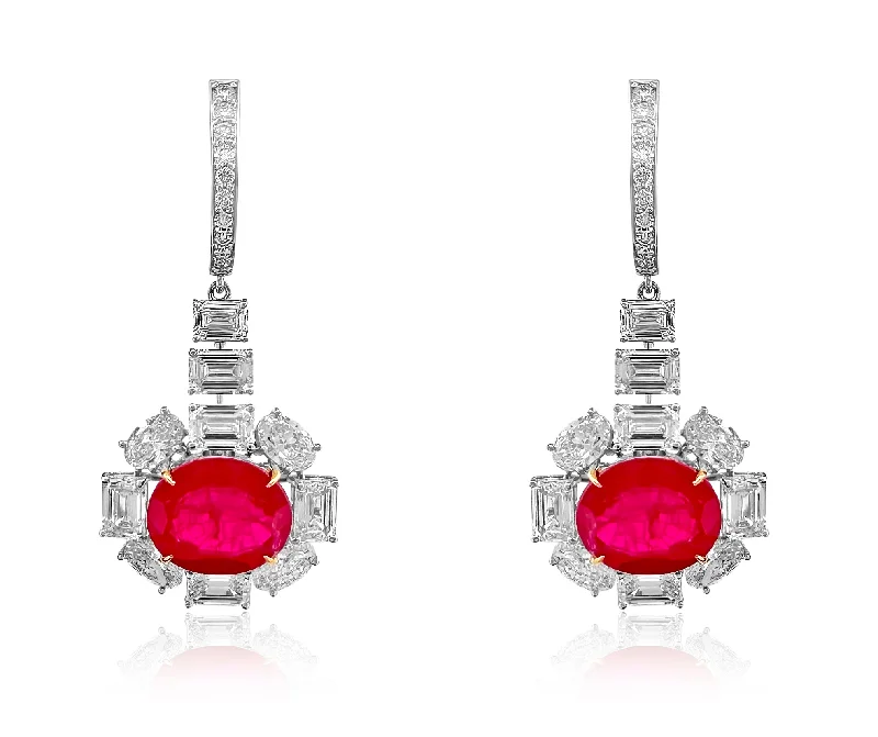 Women’s crystal stud earrings-Diamond Earrings 12.31 cts TW Color Stone Oval Ruby 15.83 cts