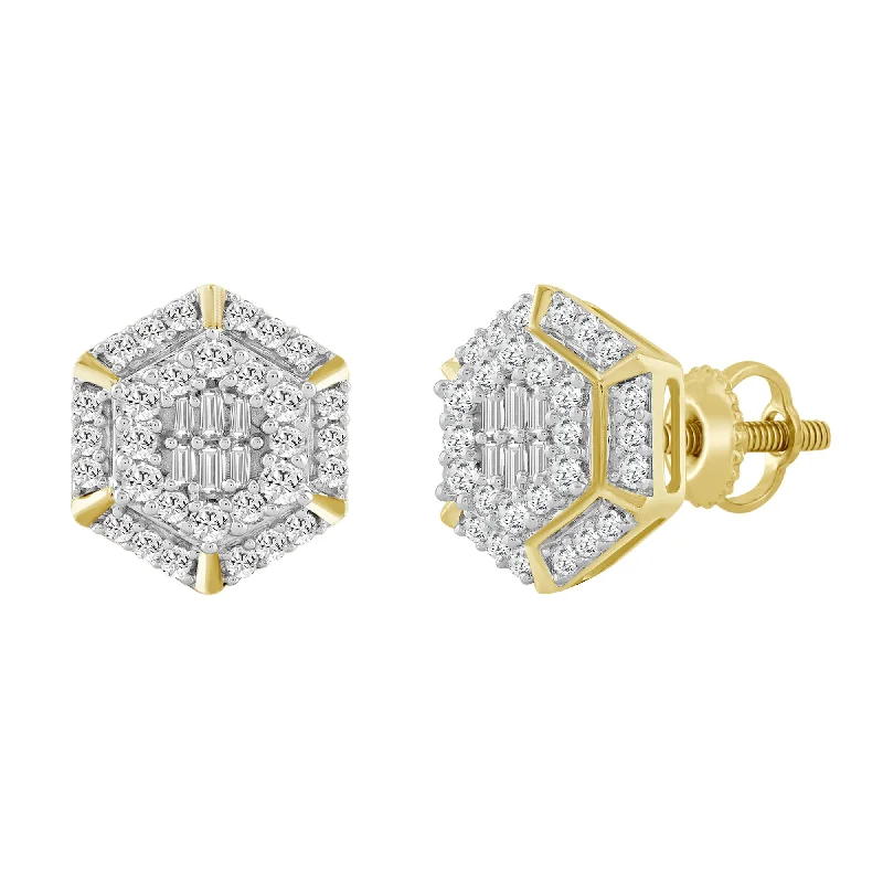 Women’s festive earrings-LADIES EARRINGS 0.50CT ROUND/BAGUETTE DIAMOND 10K YELLOW GOLD