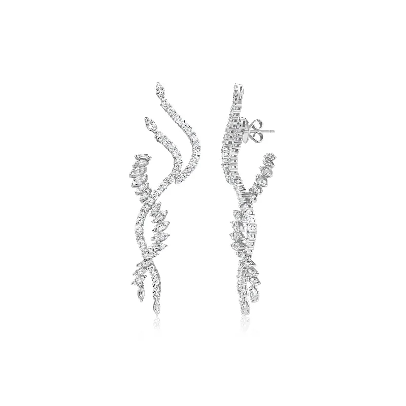 Women’s stackable earrings-Crossover Wave Diamond Long Earrings