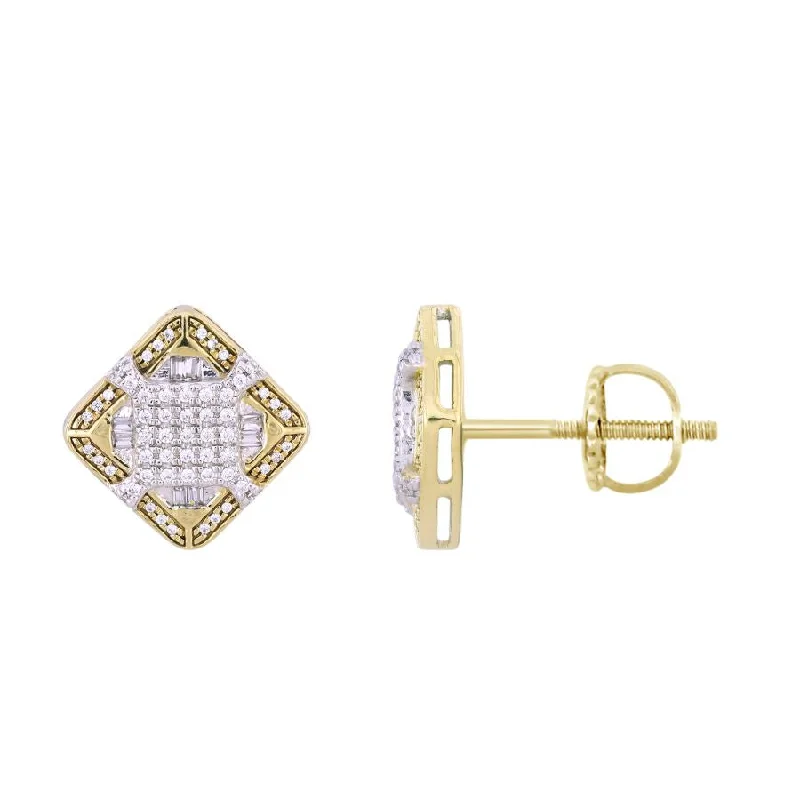 Women’s crystal stud earrings-LADIES EARRINGS 0.33CT ROUND/BAGUETTE DIAMOND 10K YELLOW GOLD