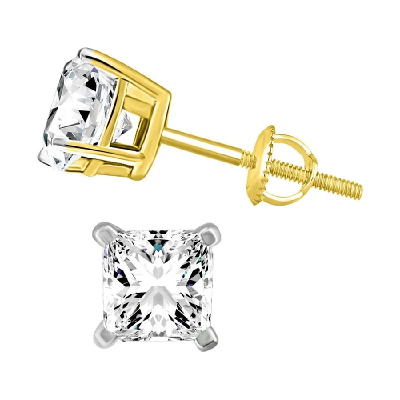 Women’s chic earrings-LADIES SOLITAIRE EARRINGS 0.15CT PRINCESS DIAMOND 14K YELLOW GOLD