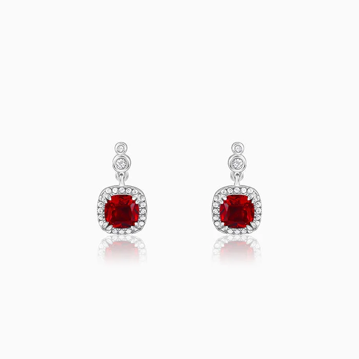 Women’s diamond earrings-Silver Ruby Red Halo Earrings