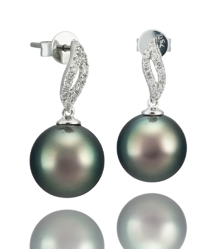 Women’s oversized earrings-Leaf Black Pearl Earrings with Diamonds 18k Gold