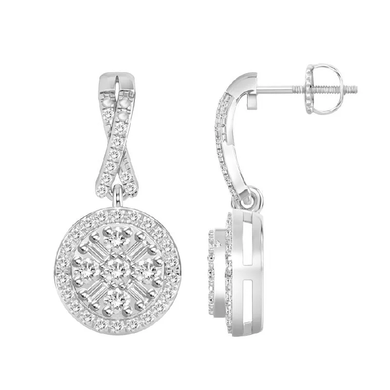 Women’s sparkly earrings-LADIES EARRINGS 0.30CT ROUND/BAGUETTE DIAMOND 10K WHITE GOLD