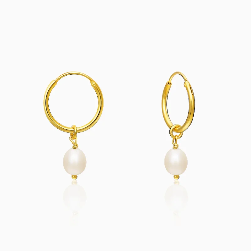 Women’s gemstone earrings-Golden Pearl Drop Hoops