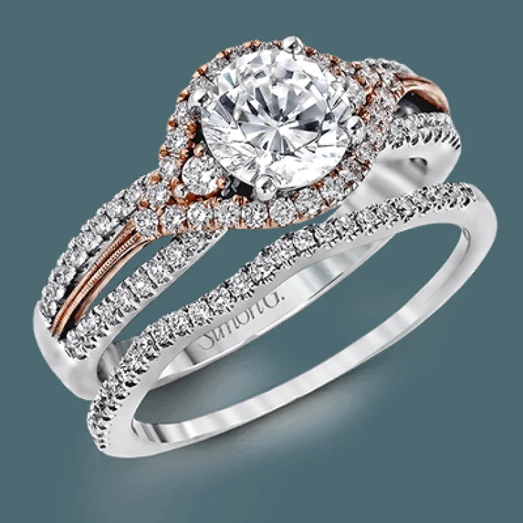 Women’s engagement rings with a royal touch-Featuring a modern design, this rose and white gold engagement ring and wedding band is highlighted by .51 ctw of round cut white diamonds.