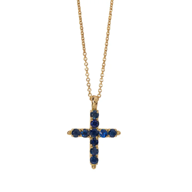 Women’s luxurious necklaces-Blue Sapphire Cross 18K Gold Pendant Necklace