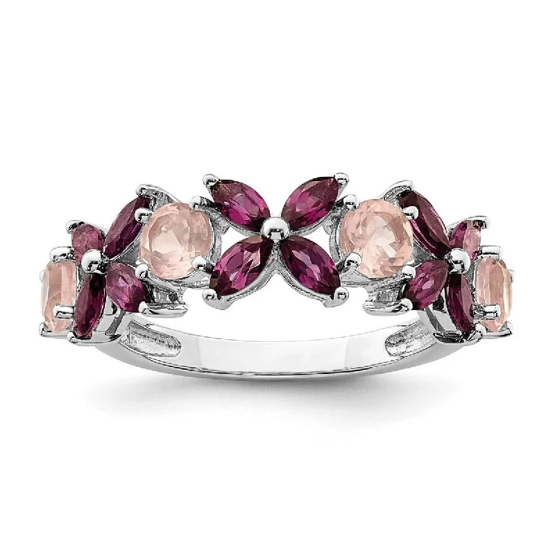 Women’s antique rings-Curata 925 Sterling Silver Rhodium Plated Rose Quartz and Rhodolite Ring