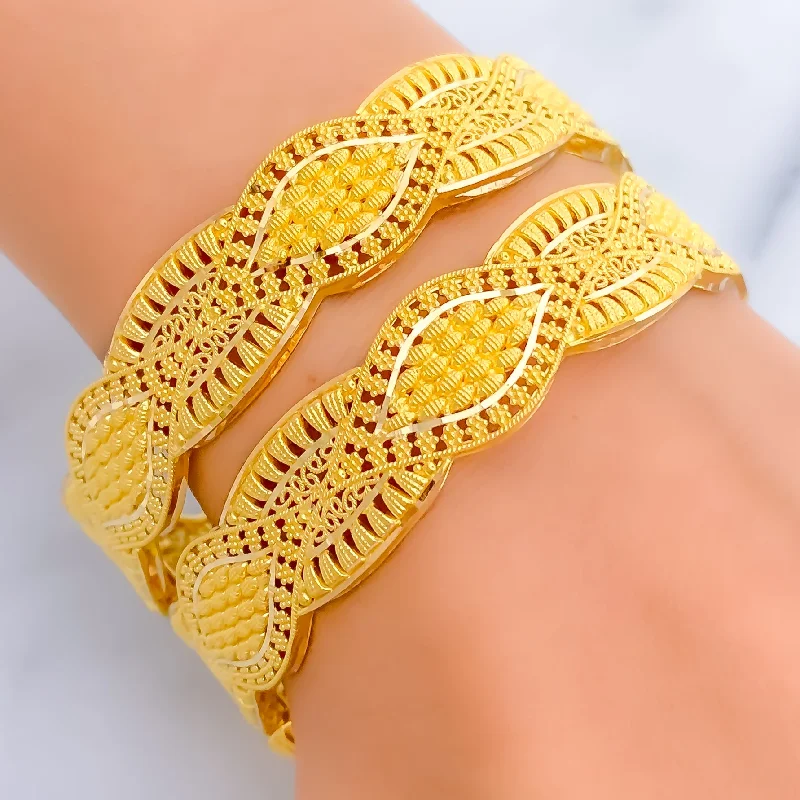 Women’s statement bracelets-Checkered Leaf Adorned 22k Gold Bangle Pair