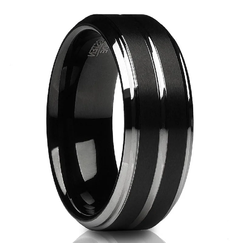 Women’s black gold engagement rings-Black Tungsten Wedding Ring 8Mm Comfort Fit Silver Center Brush Finish