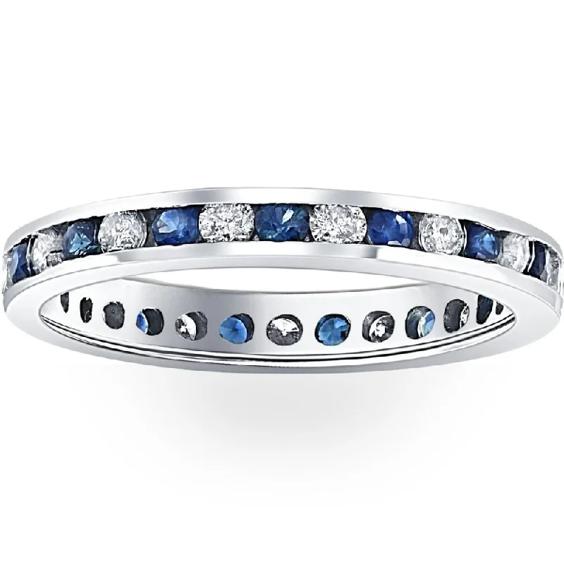 Women’s rose gold engagement rings-1CT Blue Sapphire & Diamond Channel Set Eternity Wedding Ring White Gold