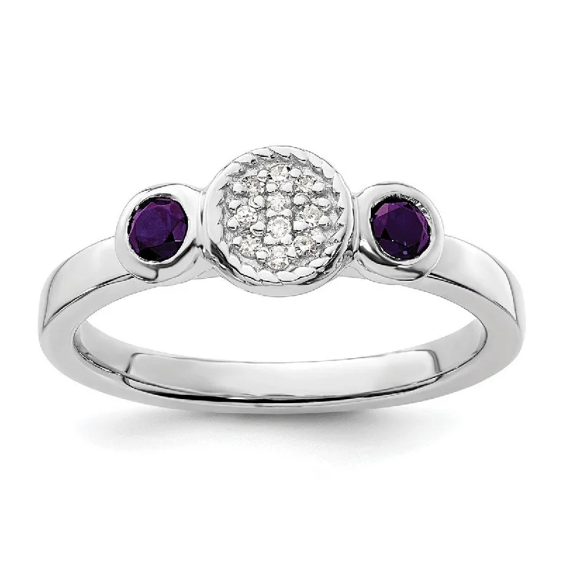 Women’s unique wedding rings-Curata 925 Sterling Silver Bezel Polished Prong set Stackable Expressions Db Round Amethyst and Dia. Ring