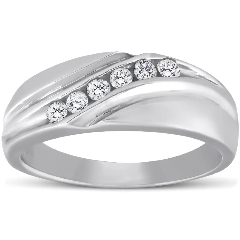 Women’s luxurious engagement rings-Mens White Gold 1/4ct Diamond Wedding Ring High Polished Smooth Band