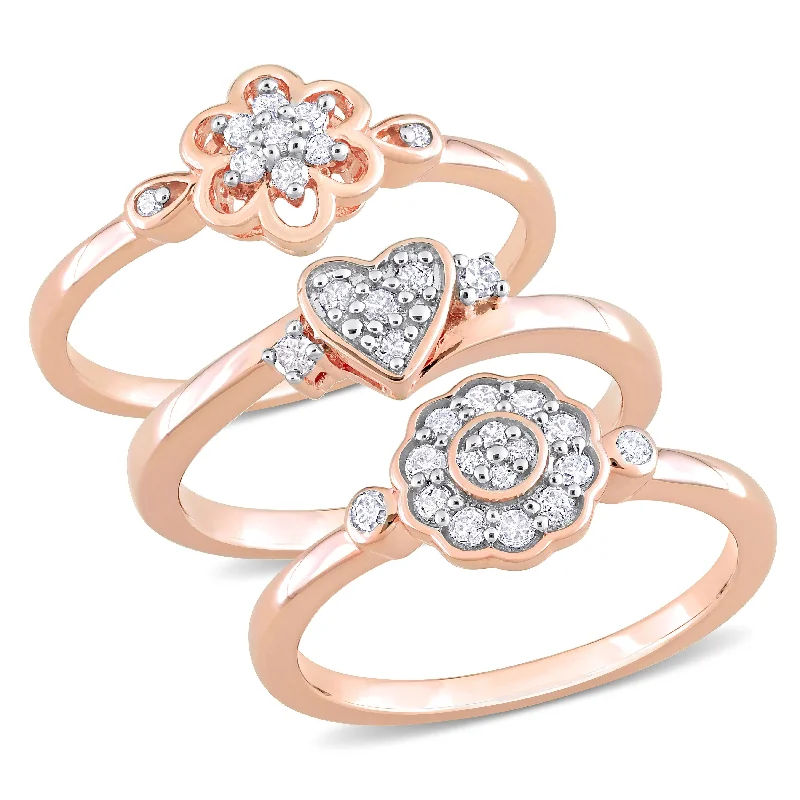 Women’s vintage rings-Miadora 3/8ct TW Diamond Heart Flower Rings 3-Piece Set Rose Silver