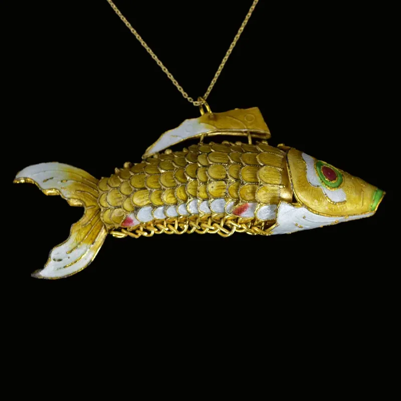 Women’s gemstone pendant necklaces-Vintage Articulated Gold Vermeil Yellow Enamel Koi Fish Necklace