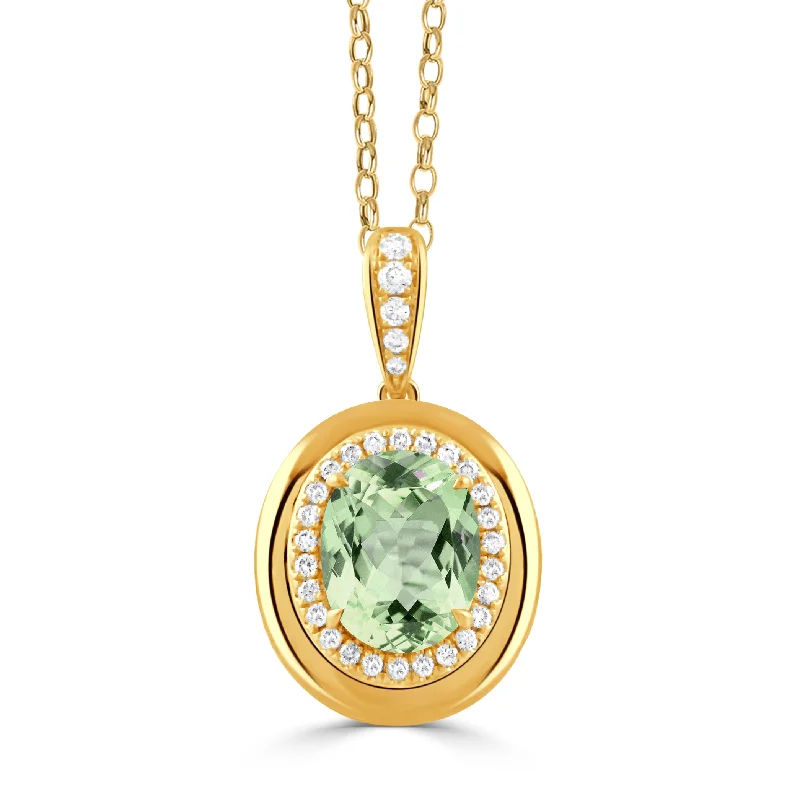 Women’s silver pendant necklaces-Oval Green Amethyst & Diamond 18K Yellow Gold Pendant Necklace