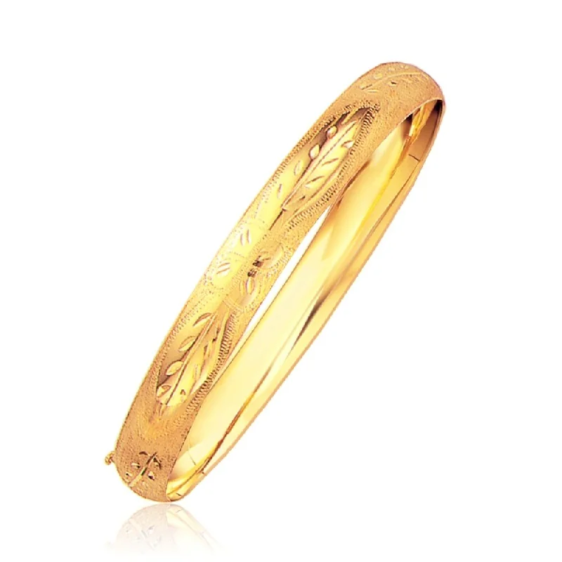 Women’s bangles with diamonds-Classic Floral Carved Bangle in 14k Yellow Gold (8.0mm)