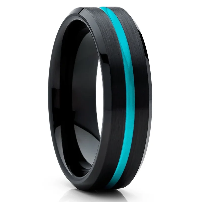 Women’s vintage diamond engagement rings-Turquoise Inlay Black Tungsten Wedding Ring 6Mm Comfort Fit Tungsten Carbide