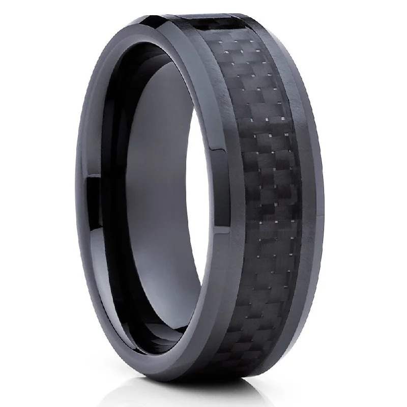 Women’s yellow gold engagement rings-Carbon Fiber Black Tungsten Wedding Ring 8Mm Comfort Fit Sizes 715