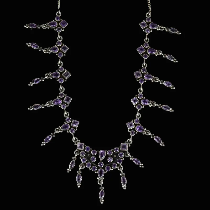 Women’s oval pendant necklaces-Vintage Art Deco Style Silver Amethyst Waterfall Bib Necklace