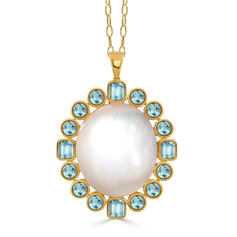 Women’s heart-shaped necklaces-Mother of Pearl Doublet & Blue Topaz 18K Gold Pendant Necklace