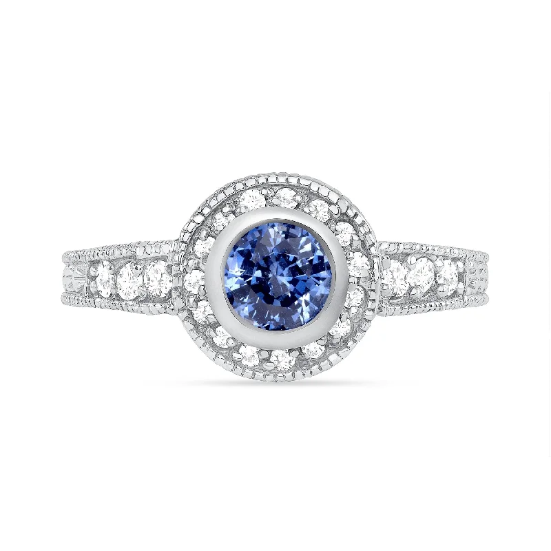 Women’s diamond rings-0.8 ct Blue Sapphire and Diamond Ring in 14k White Gold