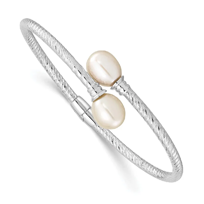 Women’s casual bracelets-Sterling Silver Rh-pl 8-9mm White Rice FWC Pearl Hinged Bangle-WBC-QH5645