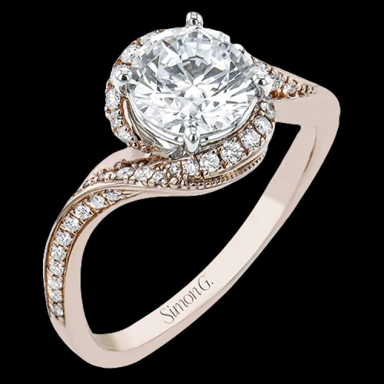 Women’s gold band engagement rings-This modern vintage engagement ring of 18K rose gold features a swirl design band accented with white diamonds and a fine beaded trim, and diamond halo 0.22 ctw.