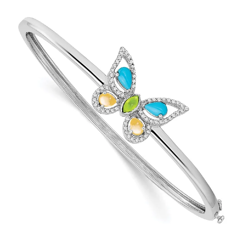 Women’s friendship bracelets-14k White Turquoise/Peridot/Citrine/Wh. Topaz Butterfly Bangle-WBC-BM7427-BTQ/PE/CI-W