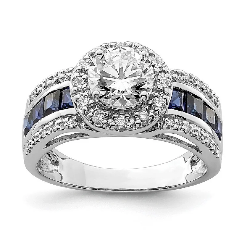 Women’s engagement rings with diamonds-Curata 925 Sterling Silver Polished Open back CZ Cubic Zirconia Simulated Diamond and Labcreated Sapphire Ring