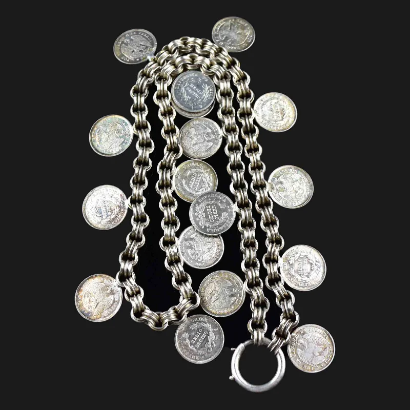 Women’s romantic gold necklaces-Antique 1869 Silver Watch Chain Coin Fringe Necklace