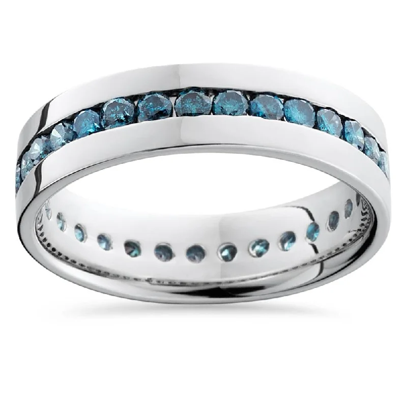 Women’s eternity rings-1 1/5ct Blue Diamond Channel Set Eternity Ring White Gold Comfort Fit