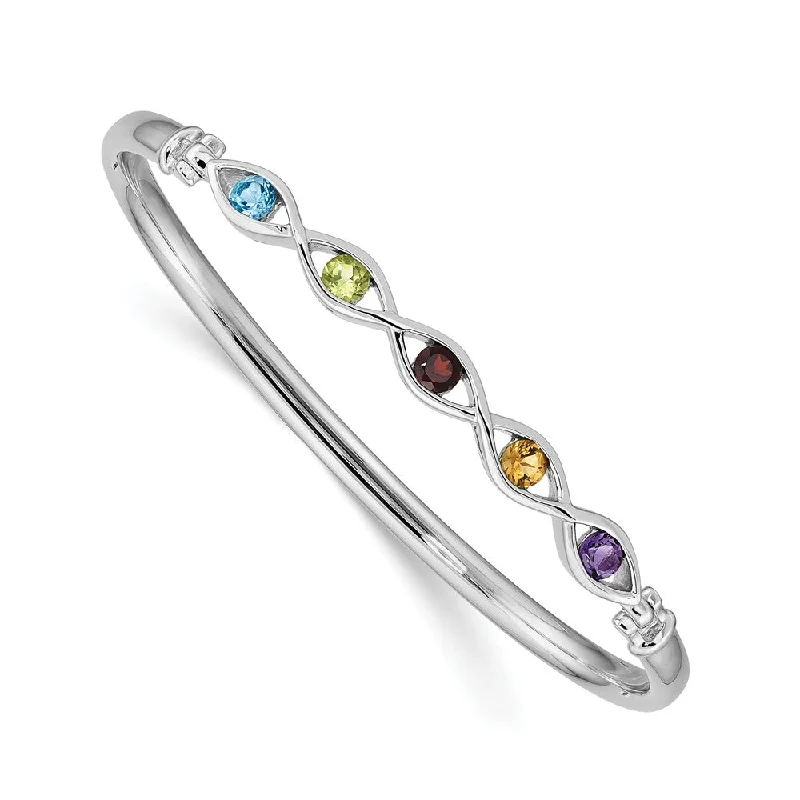 Women’s two-tone bracelets-Sterling Silver Rhodium-plated Multi-gemstone Hinged Bangle-WBC-QB1302