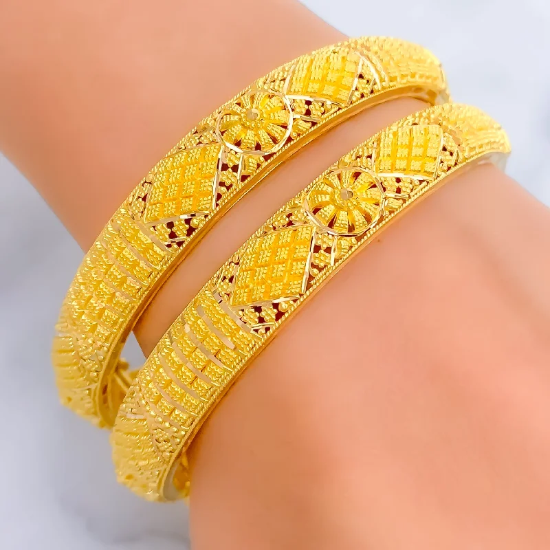 Women’s pearl bracelets-Festive Blooming 22k Gold Bangle Pair