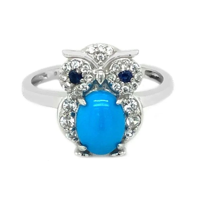 Women’s princess-cut rings-925 Sterling Silver Sleeping Beauty Turquoise Gemstone Owl Ring