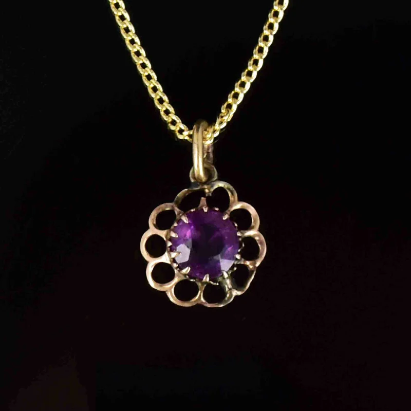 Women’s layered necklaces-Vintage 14K Gold Amethyst Floral Charm Pendant Necklace