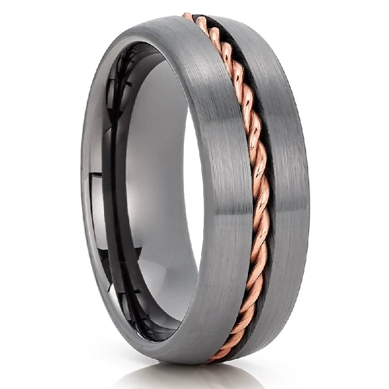 Women’s classic engagement rings-Gunmetal Tungsten Wedding Ring 8Mm Braid Rose Gold Dome Comfort Fit Cobalt Free