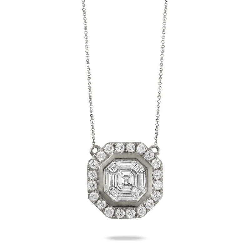 Women’s birthstone pendant necklaces-.50ctw Diamond Emerald-Cut Illusion 18K White Gold Necklace