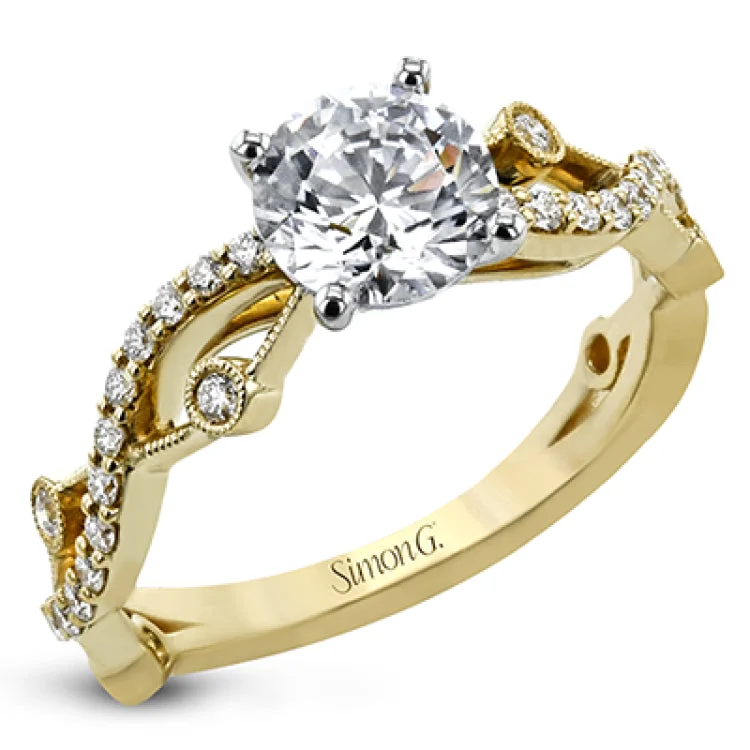 Women’s vintage diamond engagement rings-A modern, unique design, this 18k gold engagement ring featuring an intertwined design set with .22 ctw of white diamonds.