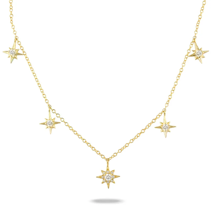 Women’s long gold necklaces-Diamond Starburst Drop Station 14K Yellow Gold Necklace