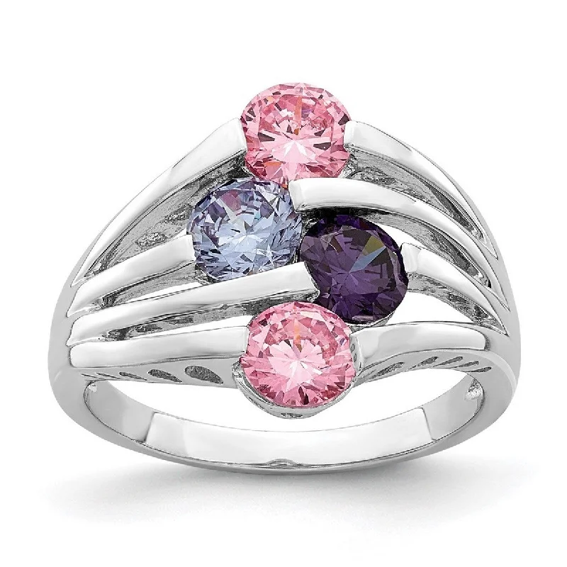 Women’s wedding rings-Curata 925 Sterling Silver Rhodium Plated Pink and Purple CZ Cubic Zirconia 4 Bar Ring