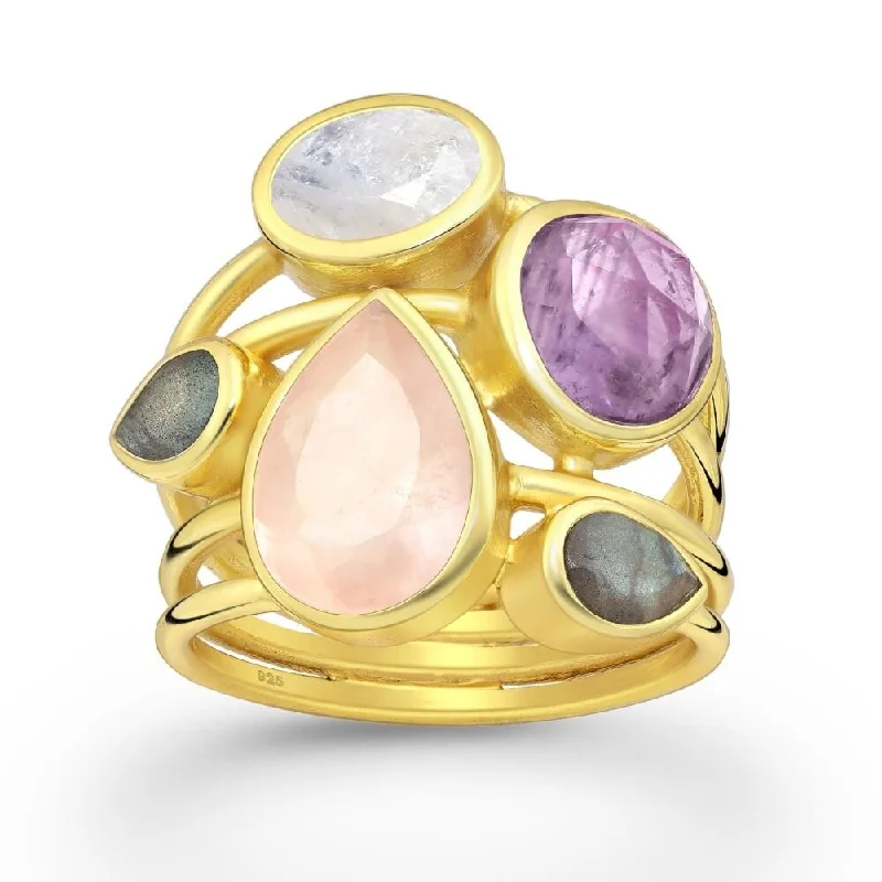 Women’s bands for engagement rings-Sterling Silver 18kt Gold Plated Pink Purple Stone CZ Mix Multi-Band Geometric Statement Ring