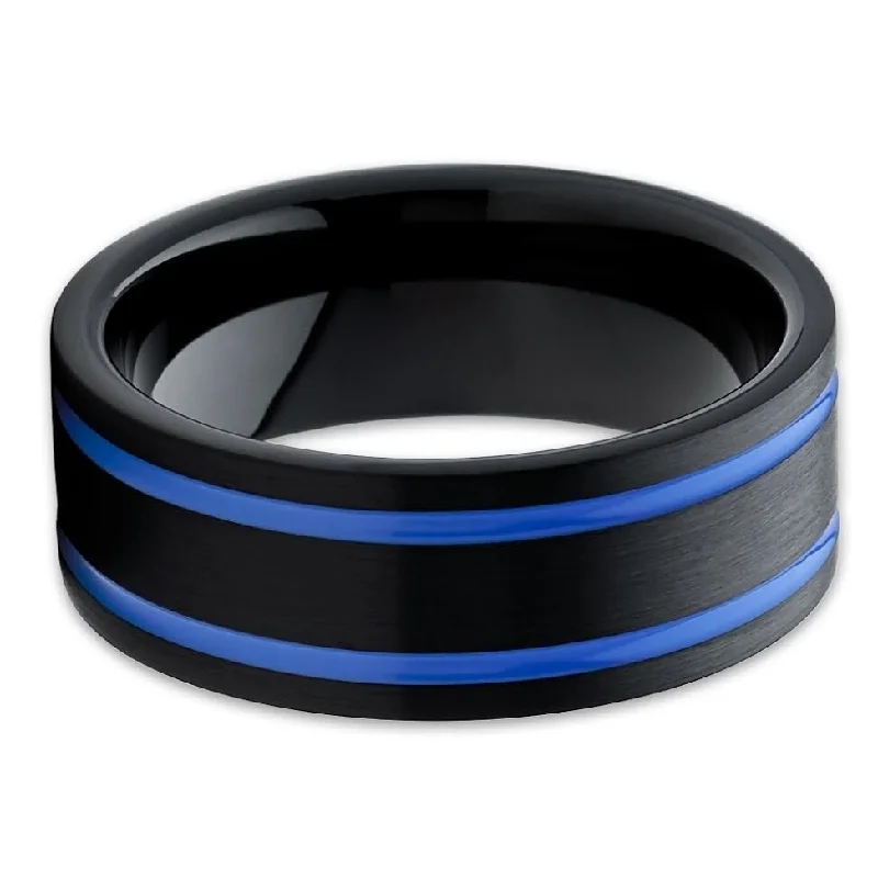 Women’s wedding and engagement rings-Black Tungsten Wedding Ring 8Mm Comfort Fit With Blue Inlay Cobalt Free