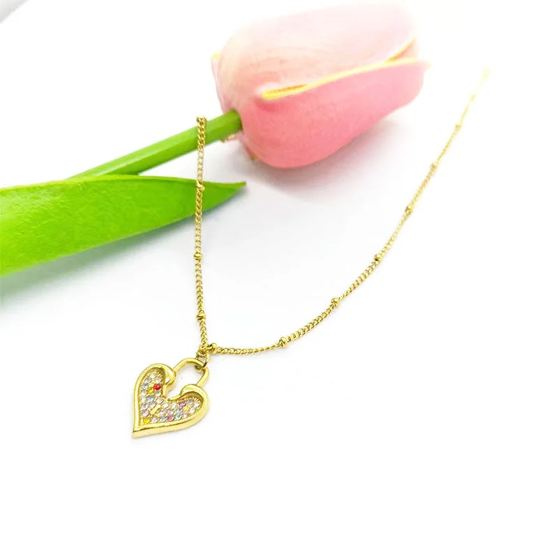 Women’s minimalistic necklaces-Stainless Steel 18K Gold Plated Elegant Heart Shape Inlay Artificial Rhinestones Pendant Necklace