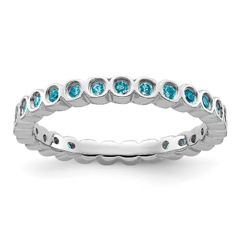 Women’s promise rings-Curata 925 Sterling Silver Bezel Polished Patterned Stackable Expressions Blue Topaz Ring