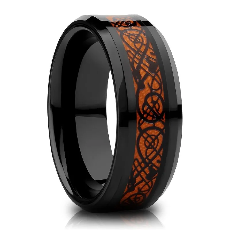 Women’s engagement rings for her-Dragon Tungsten Carbide Wedding Ring 8Mm Orange Inlay Cobalt Free Comfort Fit